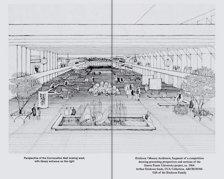 Double-page spread from a book with graphic line drawings of an interior garden space