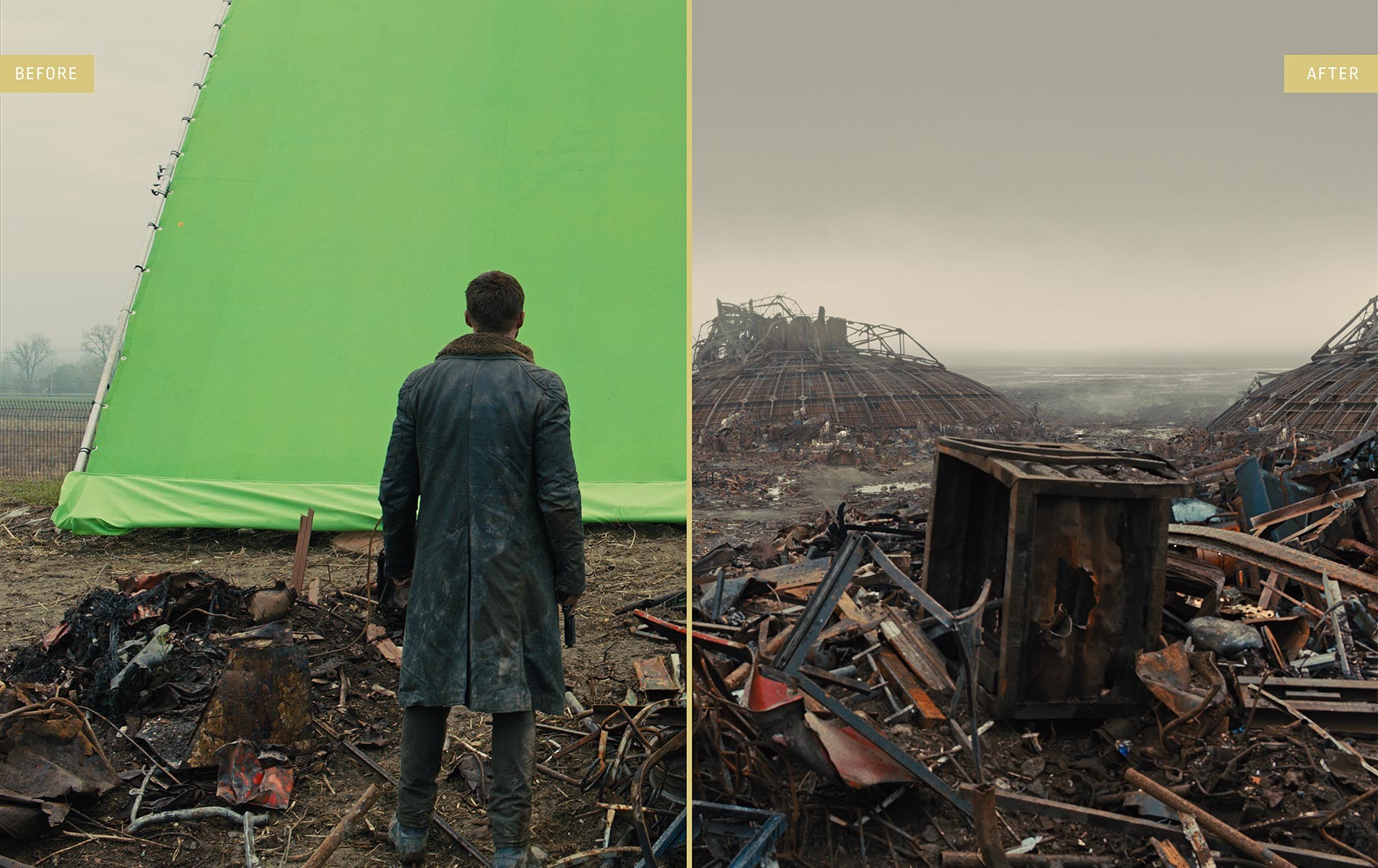 A before and after shot of a scene from Blade Runner 2049