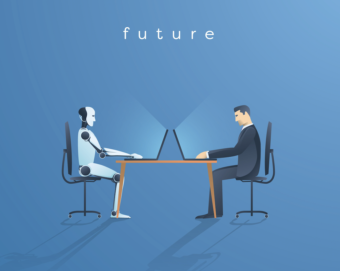 Robot and man sit face-to-face at work