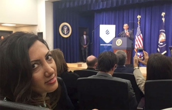Sara Ahmadian at talk with U.S. president Barack Obama