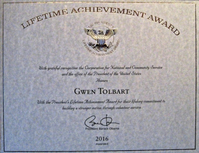 Gwen Tolbart's Lifetime Achievement Award Certificate for Community Service 