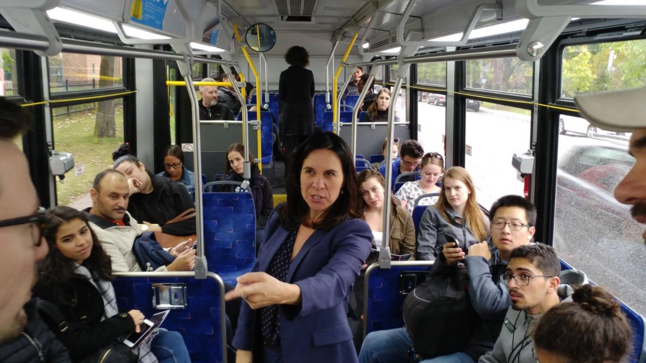 Montreal Mayor Valérie Plante campaigning on a city bus before the municipal election in 2017. Critics are calling on her administration to make consultations on an "age friendly" Montreal more accessible. Photo from Facebook