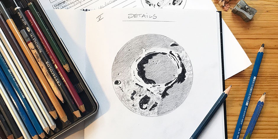 Bettina Forget, 2020, sketch of Archimedes crater, graphite on paper