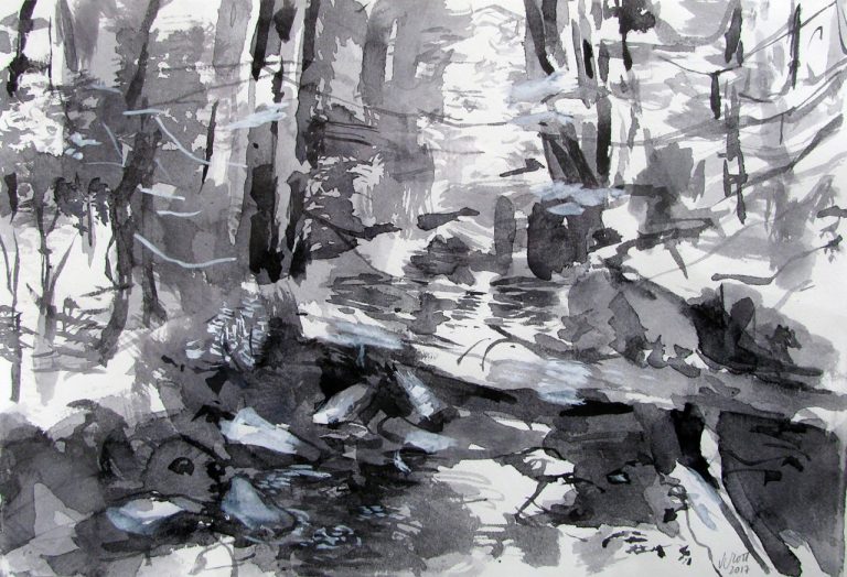 Peinture en noir et blanc à grands coups de pinceau représentant une scène de forêt
