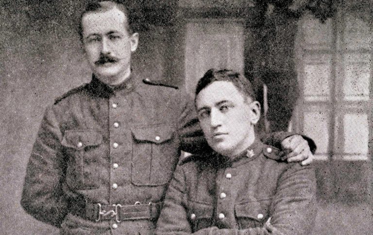 Loyola alumni Capt. Francis Maguire, BA 1907, left, and Lieut. Joseph Power of the 2nd Battalion. Maguire was killed in 1916 while helping a fallen comrade.