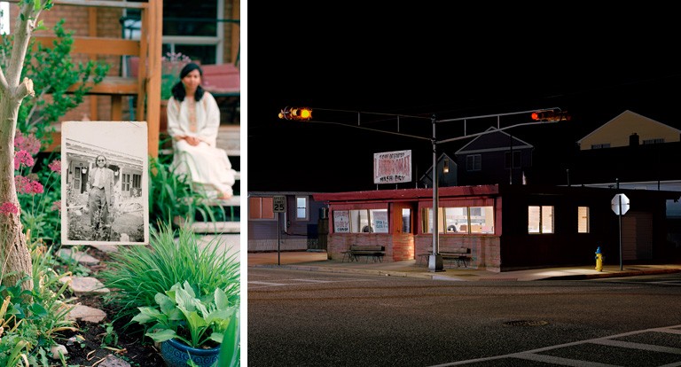 Left: Self-portrait in the Garden, 2017 and Nani in the Garden (2), 1948, by Zinnia Naqvi. Right: Laundromat (for Hopper), 2018, by Matthew Brooks.