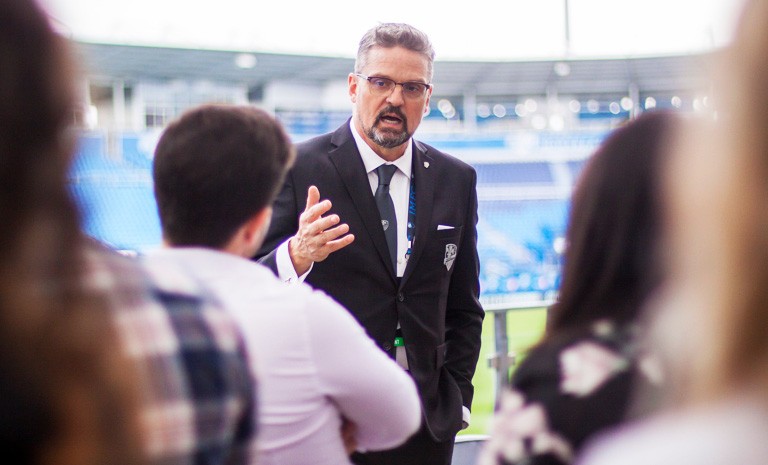 Montreal Impact president Kevin Gilmore discusses professional sports event management with the students.