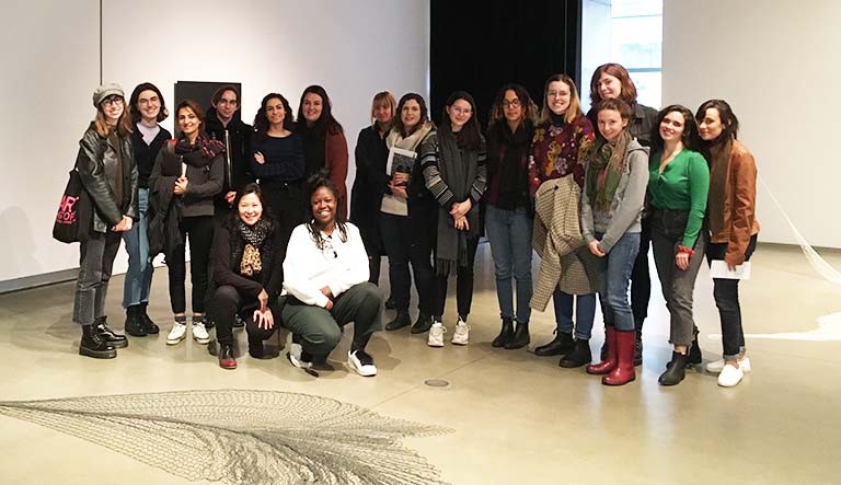 Professor Alice Ming Wai Jim and FOFA Gallery Director Eunice Bélidor (front) with students from ARTH 648 International Art Exhibitions. | Photo by Hanss Lujan