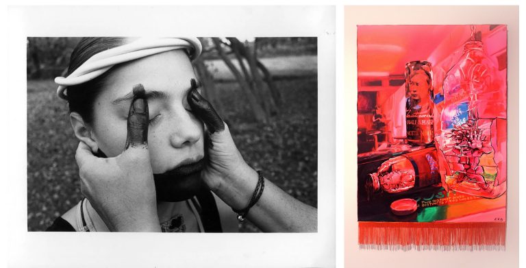 On the left is a photograph of a woman with another woman's hands on her face and eyes, on the right a graphic art piece in mostly red.