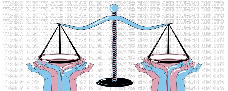 Graphic image with scale and weights with the words "Trans rights" in the background.