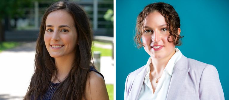 Portrait photos of two young women side-by-side. On the left, a young woman with long, dark hair and a blue sleeveless top. On the right, a young woman with tied-back, curly, dark hair, a white shirt and a grey blazer.