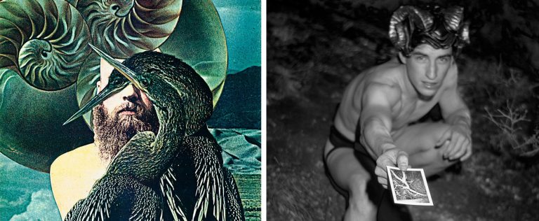 On the left, an art piece in greens of a bearded man with birds superimposed over his face. On the right, a crouching young man with a ram's head-like structure on his head, holding out a polaroid photograph.