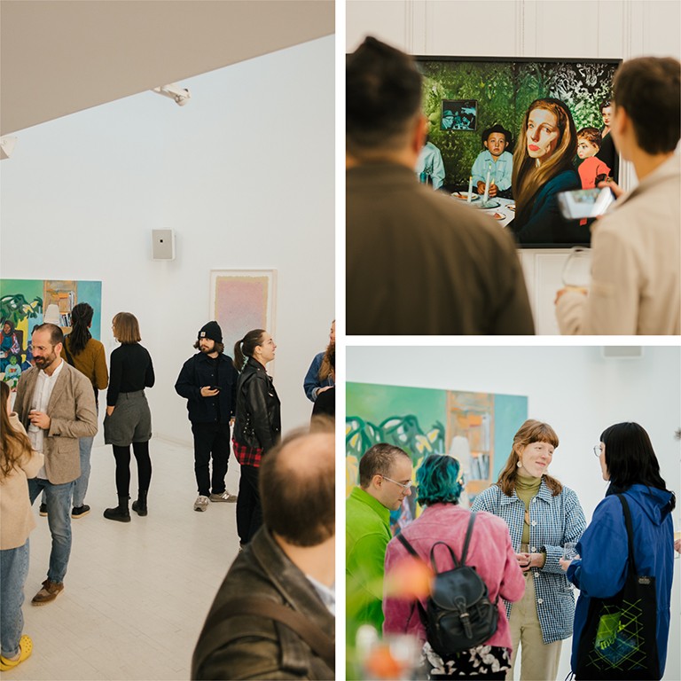 A triptych image showing groups of people at an art vernissage.
