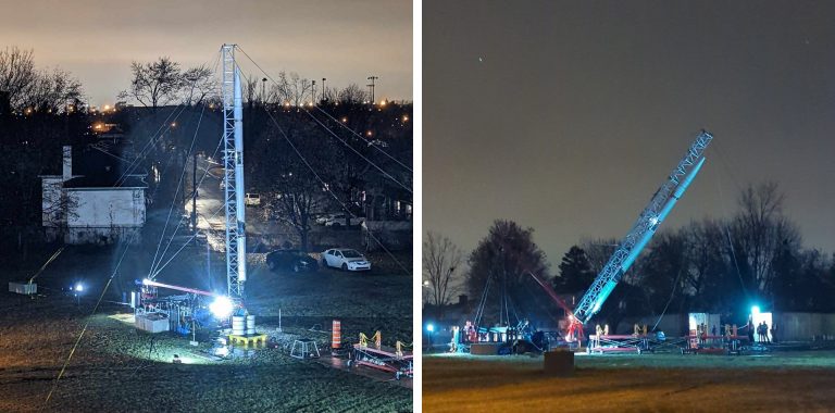 Diptych image of a massive scaffold surrounded by lights and holding up a slim rocket in a field at night.