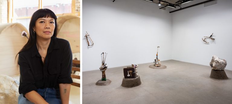 On the left, a woman with long, dark hair, sitting in a light-filled interior, wearing a black shirt. On the right, an installation view of a sculpture exhibition.