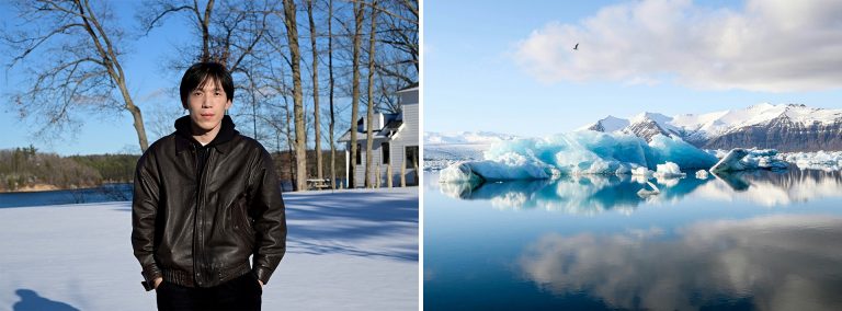 Left: A young man with dark hair, wearing a black leather jacket and standing outdoors. Right: Icebergs in the arctic