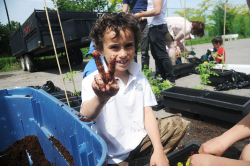 Vegas Ezerzer takes a break from planting herbs while participating in the Tomati project at Royal Vale elementary school in Montreal on June 4.