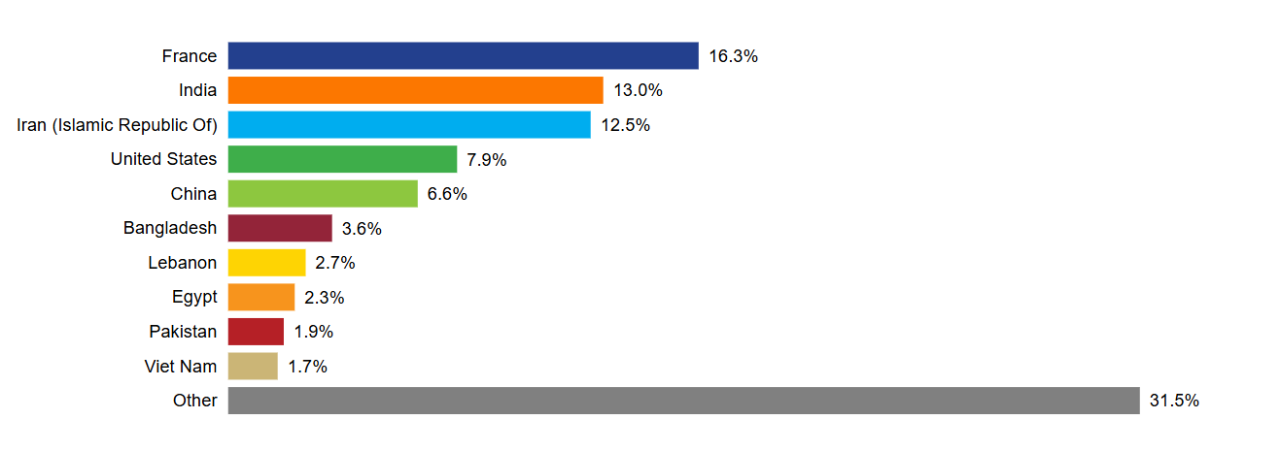 Horizontal bar chart showing the percentage of students visa holders enrolled at Concordia by country of provenance