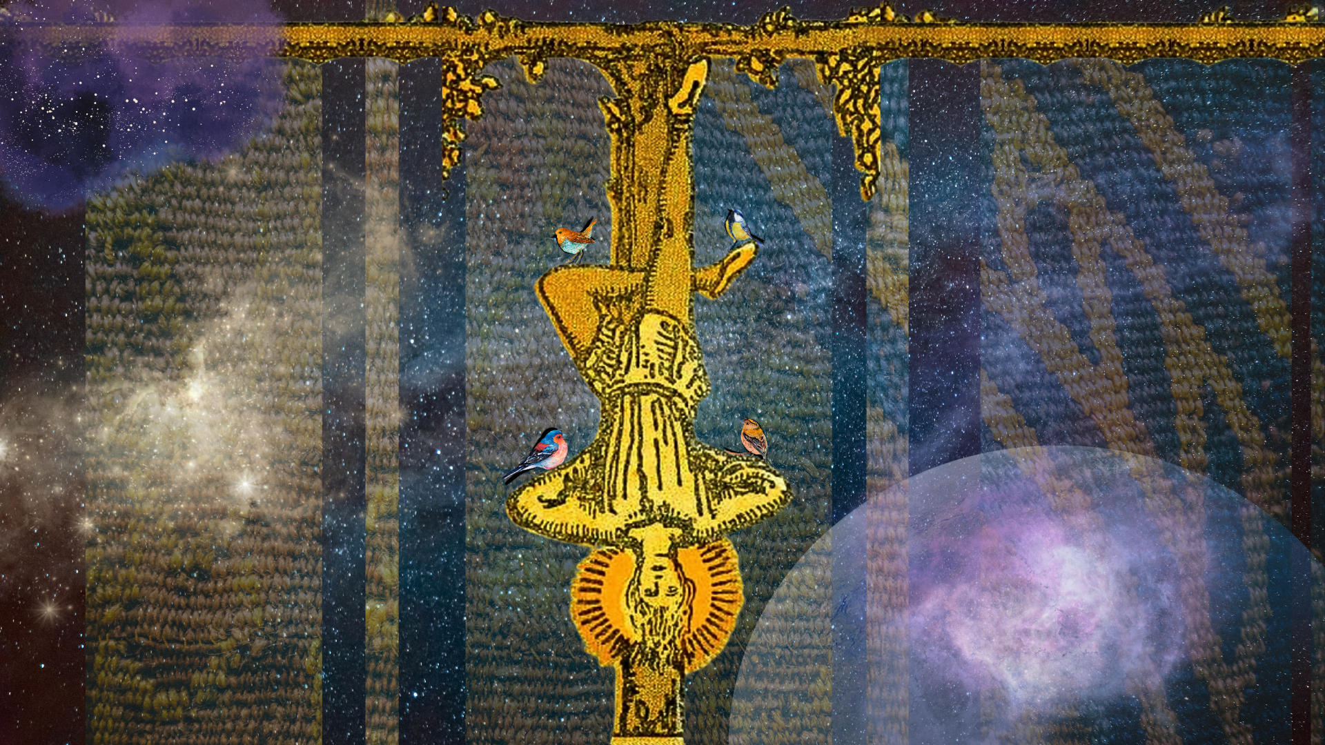 The hanging man tarot figure surrounded by birds perching on his arms and legs in front a galaxy and strips of a mostly-transparent tapestry.
