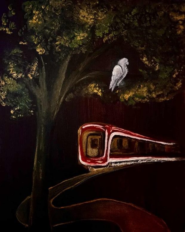 Painting of a subway winding through a dark forest, with a white owl perching in a tree.