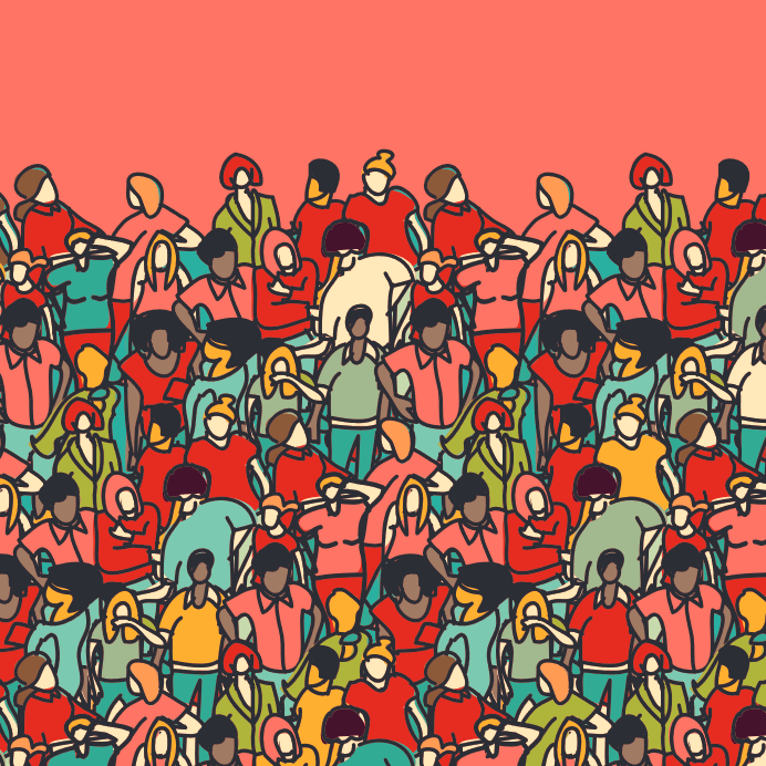 An illustration of a large crowd of people with different skin and hair colours and clothing