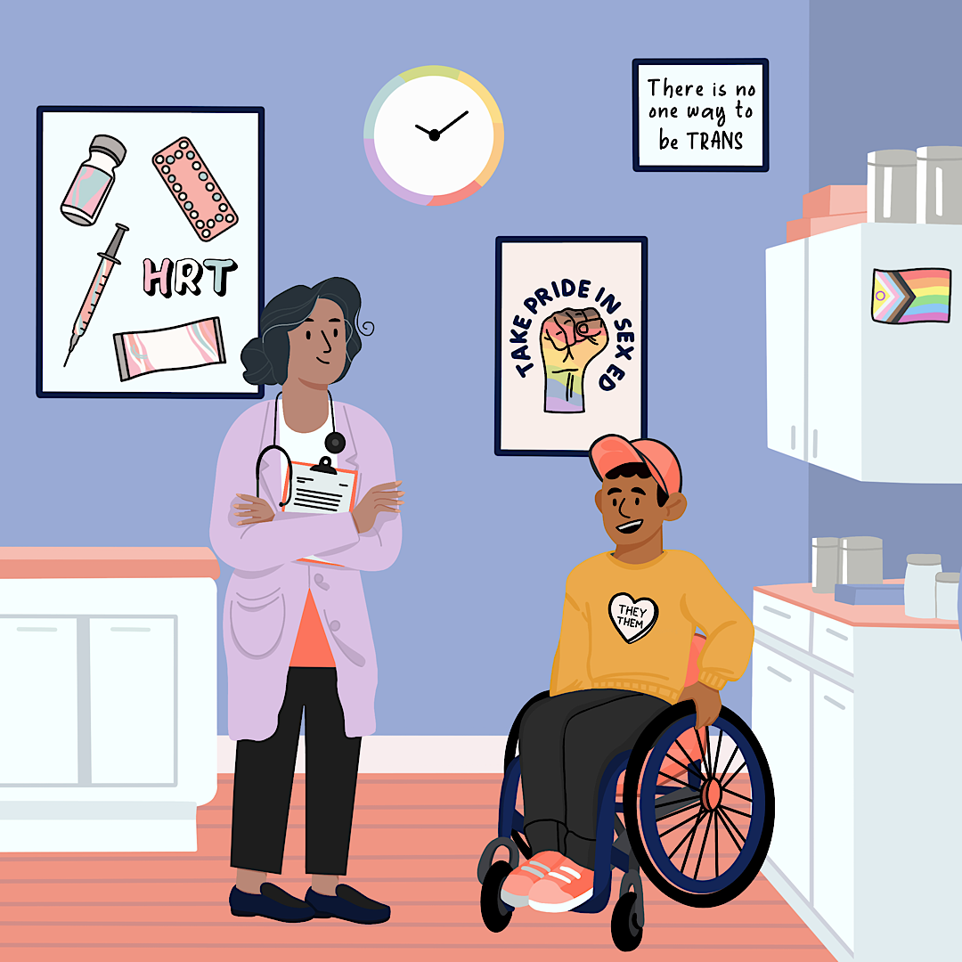 An illustration of a member of the 2SLGBTQIA+ communities in a medical clinic 