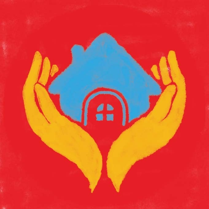 A painted illustration: a blue house in yellow hands and a red background