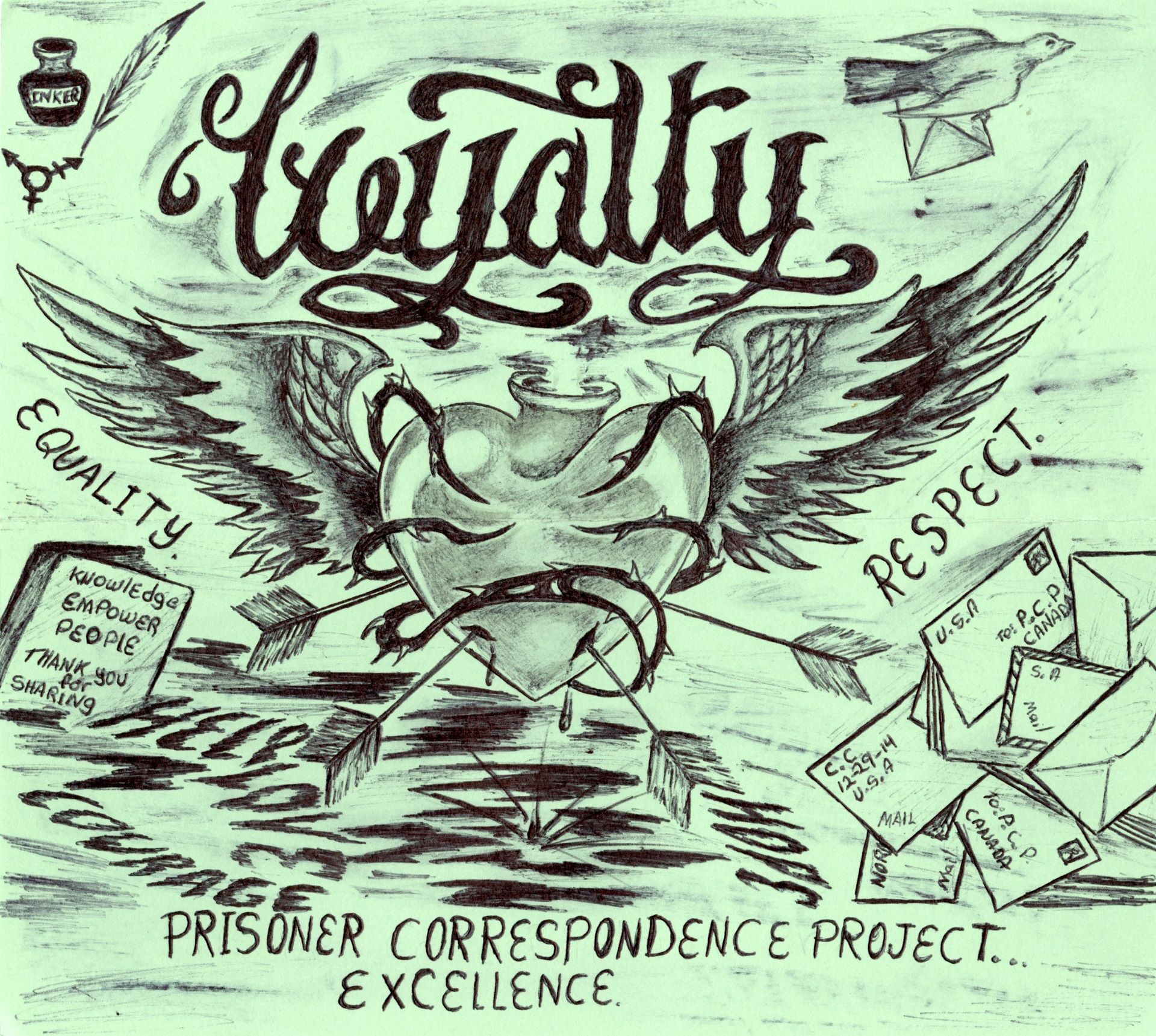 illustration of a winged heart surrounded by thorny vine exhaling the word "loyalty." Around this image are birds and courier letters.