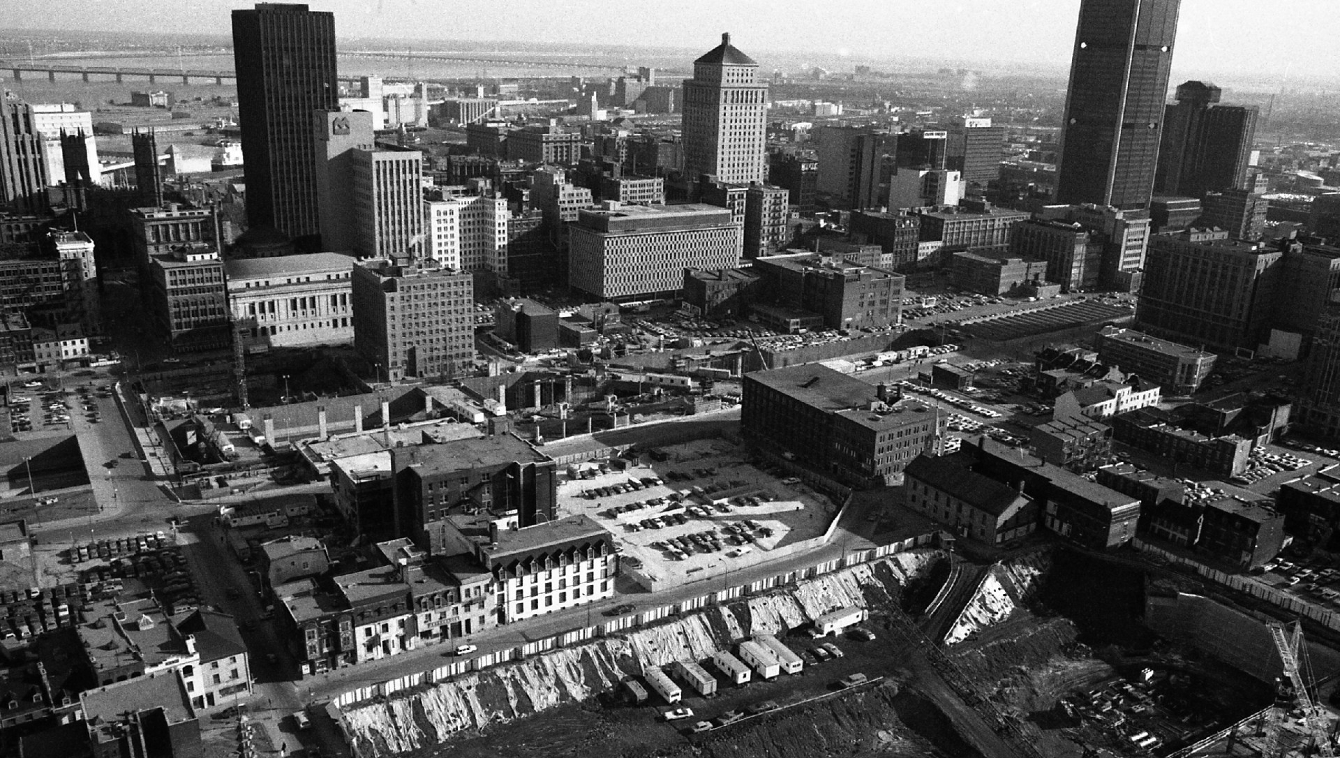 Aerial view of the Guy-Favreau Complex construction site in 1981.