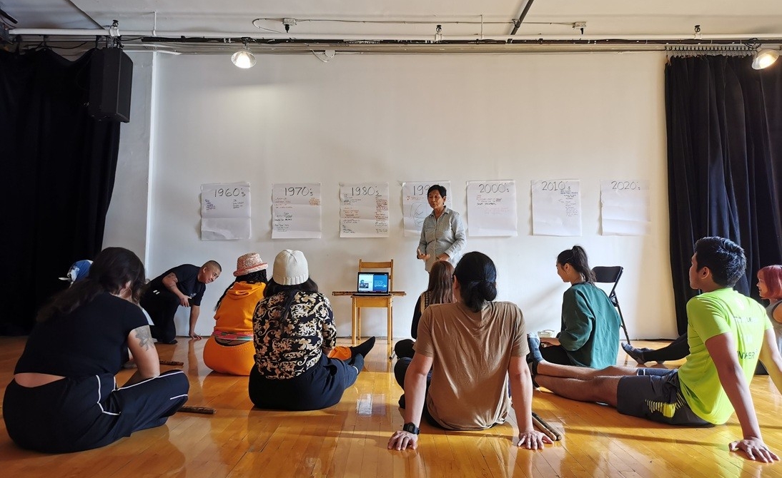 People sitting cross-legged onthe floor while listening to a presentation