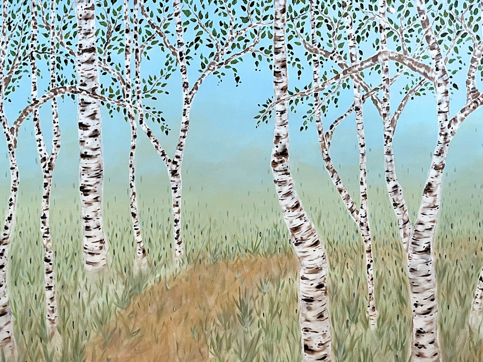 Painting of birch tress lining a path through grassland