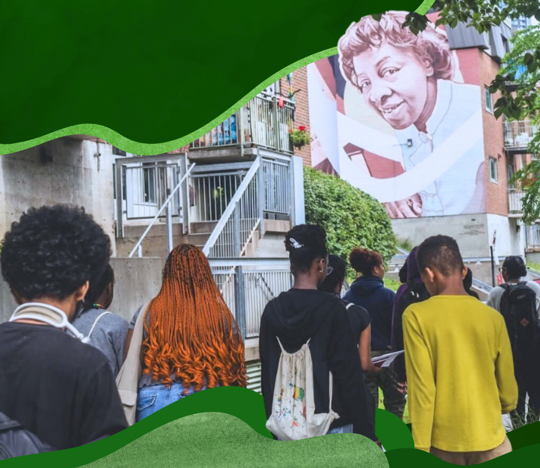 Youth from Harambec's Freedom School walking in Little Burgundy surrounded by green blobs