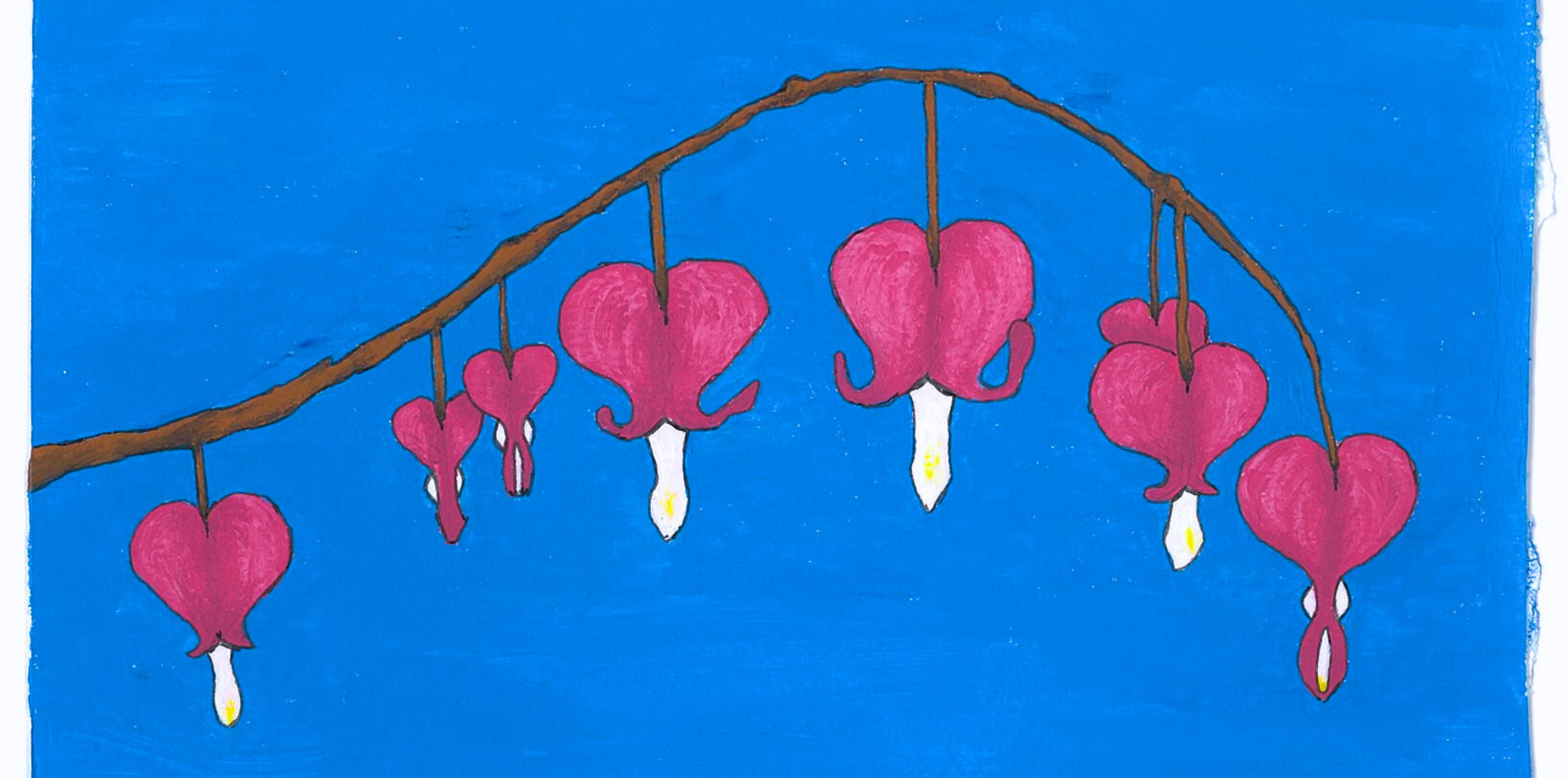 Painting of pink bleeding hearts in front of a deep blue background