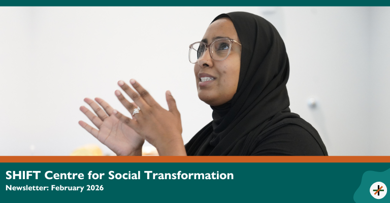 SHIFT February 2026 Newsletter Banner featuring a photo of Research and Advocacy Research Fellow Sarah Abou-Bakr speaking.