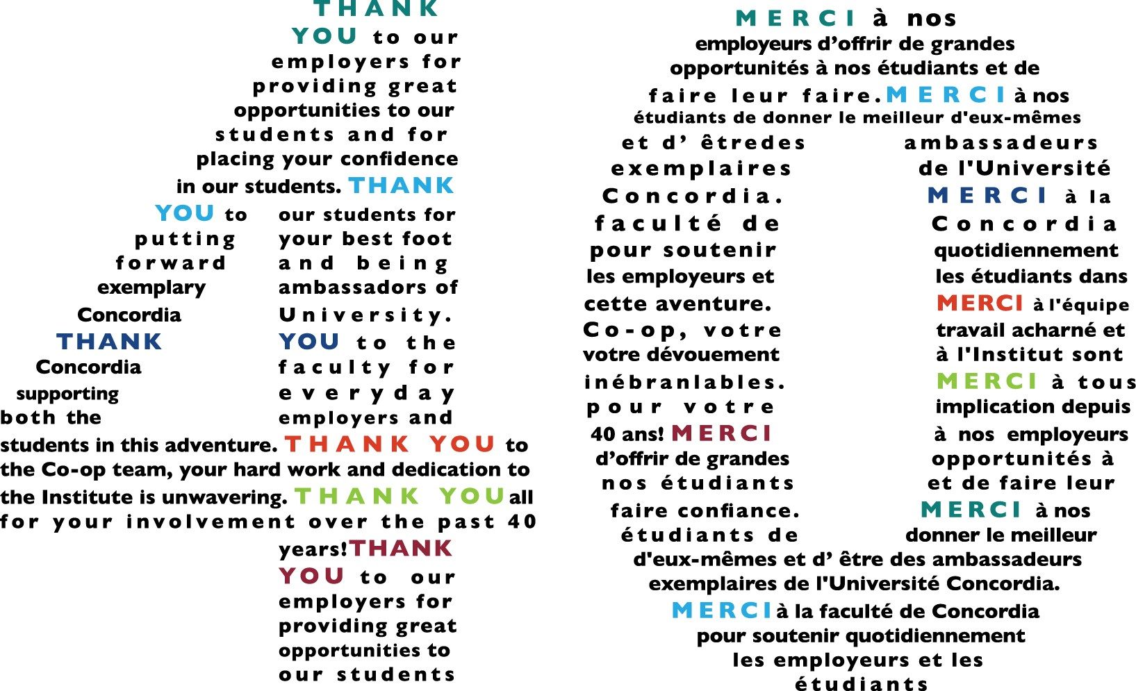 Message in the shape of the number 40 in English and French: Thank you to our employers; Thank you to our students; Thank you to Concordia, Thank you to Co-op Team, Thank you to employers
