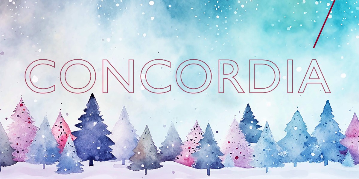 Graphic of trees in winter in a watercolour style with Concordia logo