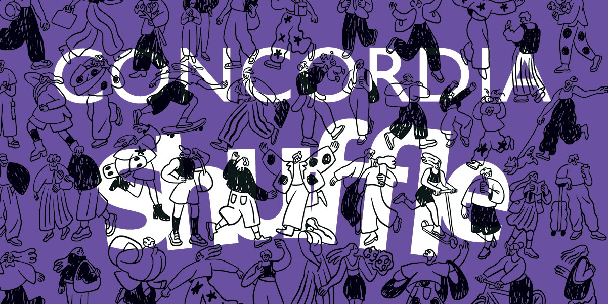 Illustrations représentant des personnes sur un fond violet.