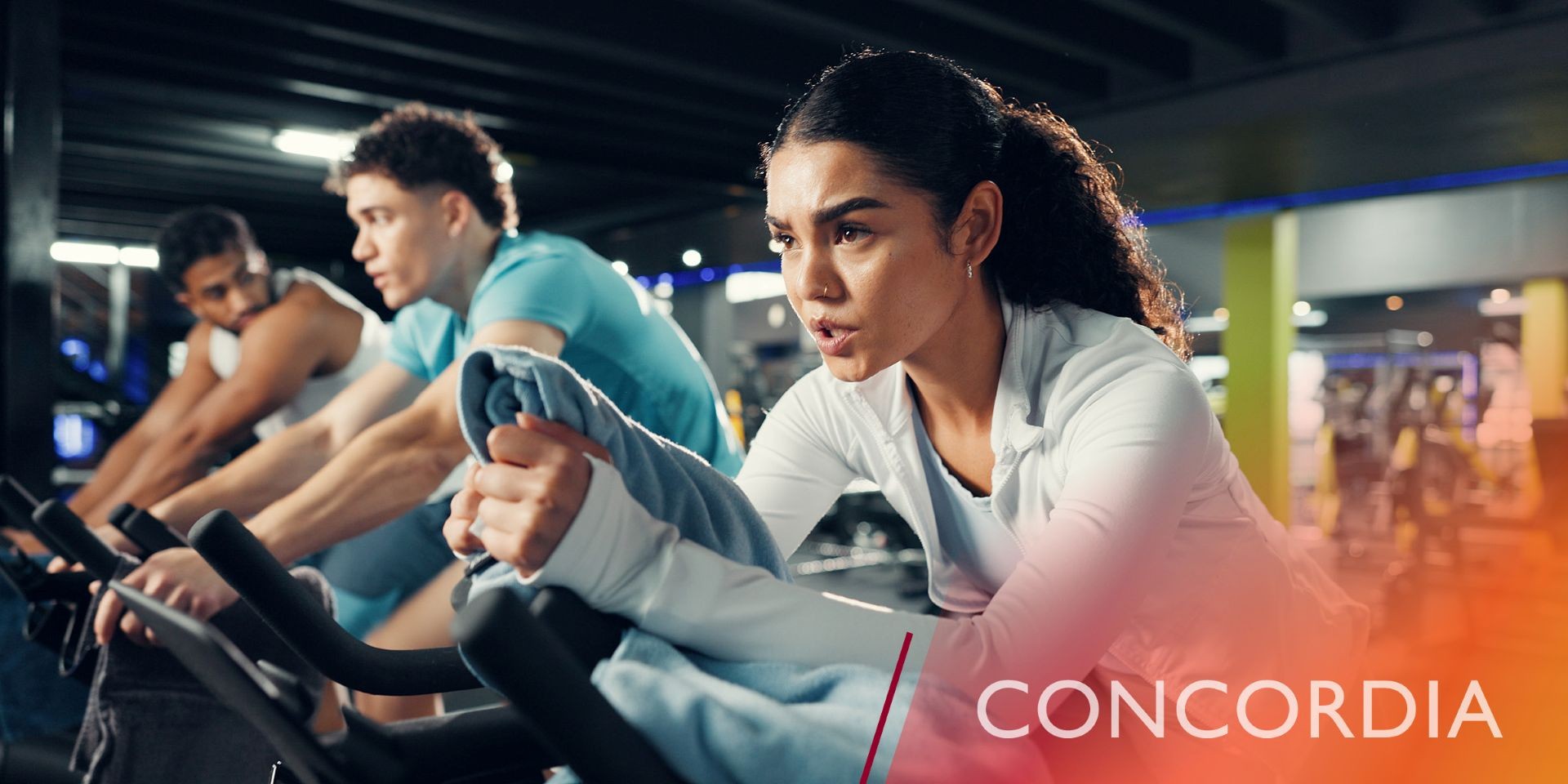 A sunlit room where people are exercising on stationary spin cycles.