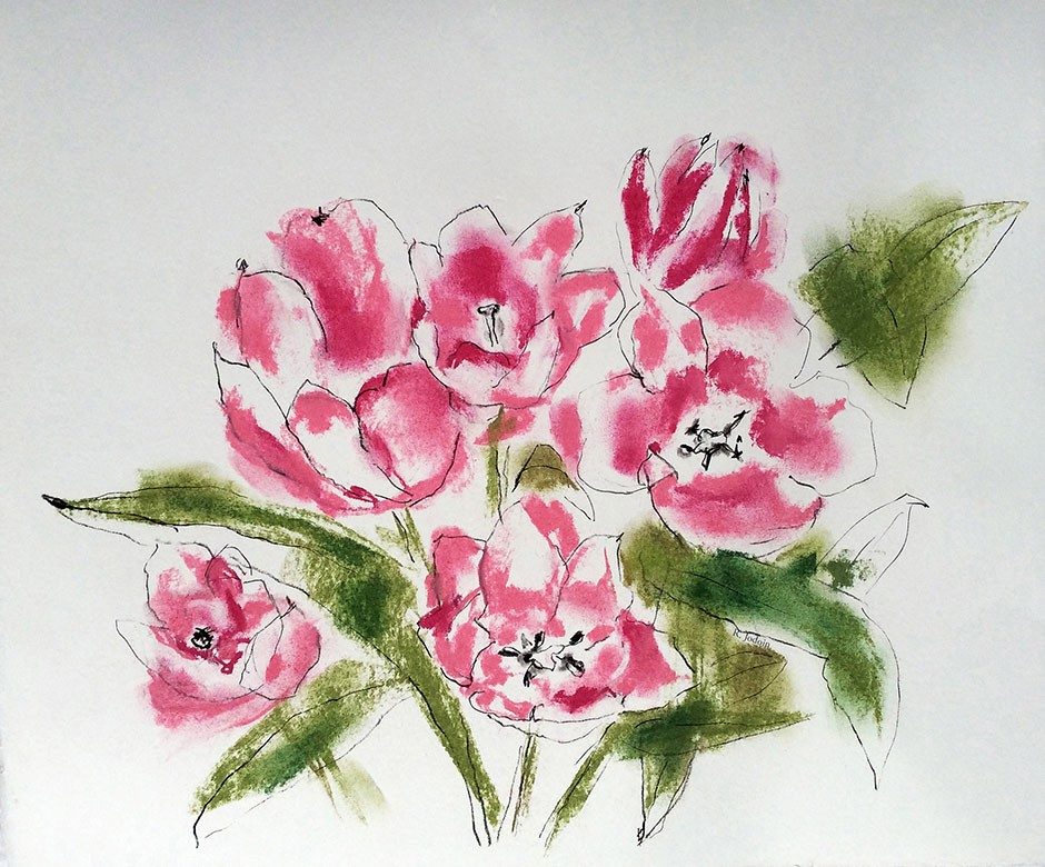 “Tulips,” Conté and pastel drawing on Arches paper (2017)