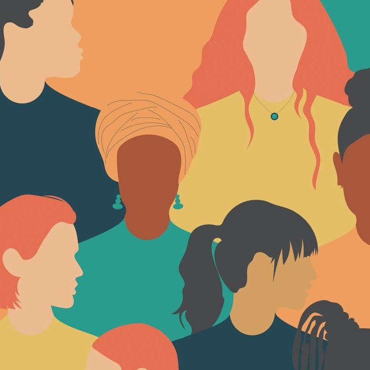 Illustration of a diverse group of stylized people with various skin tones and hairstyles, portrayed in profile. The figures are set against a background of warm pastel colors, conveying a sense of community and inclusivity.