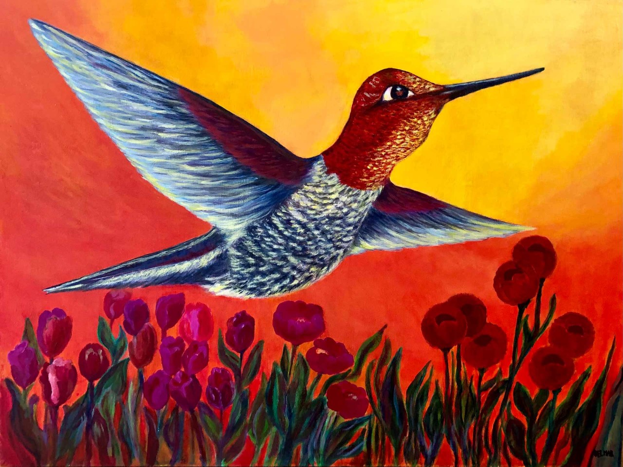 A hummingbird stretches its wings against a background that fades from yellow and orange at the top to red at the bottom