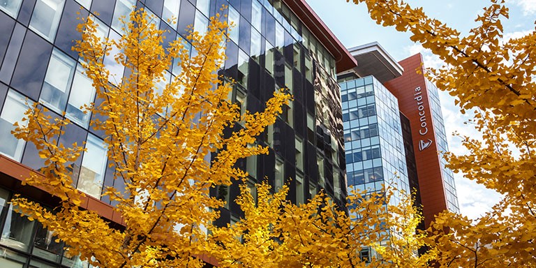 Golden fall leaves frame two Concordia buildings on the Sir George Williams Campus
