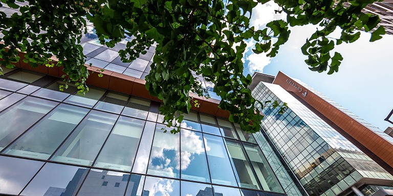 An close view of the the side of Concordia's GM building with the MB building in the background. There are green leaves framing the shot with a blue sky and fluffy white clouds reflected in the windows of the buildings