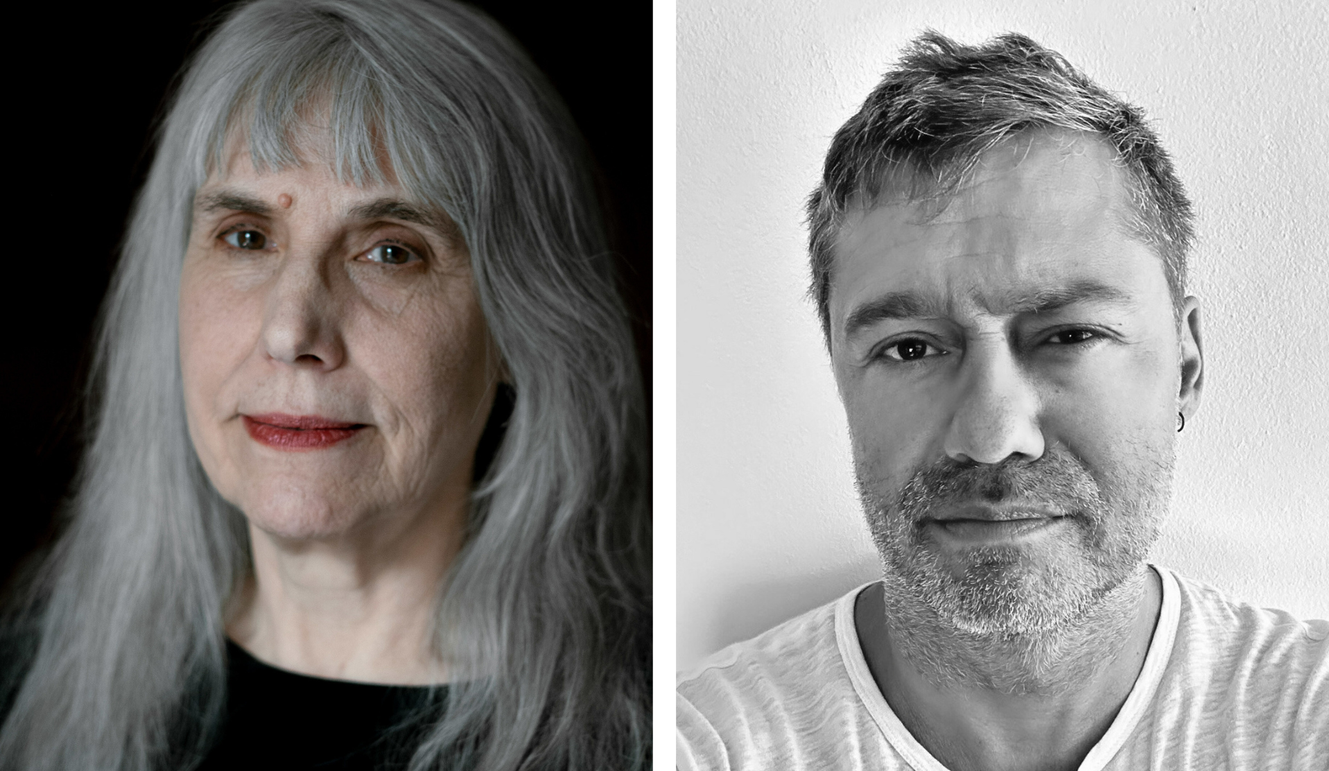 Two portraits: the first is a long-haired woman wearing a black top, and the second, a bearded man with an earring, wearing a T-shirt