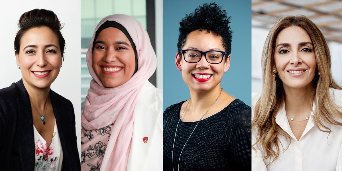 A banner image featuring four smiling women, each with a different style of dress and hairstyle, symbolizing a diverse group of professionals