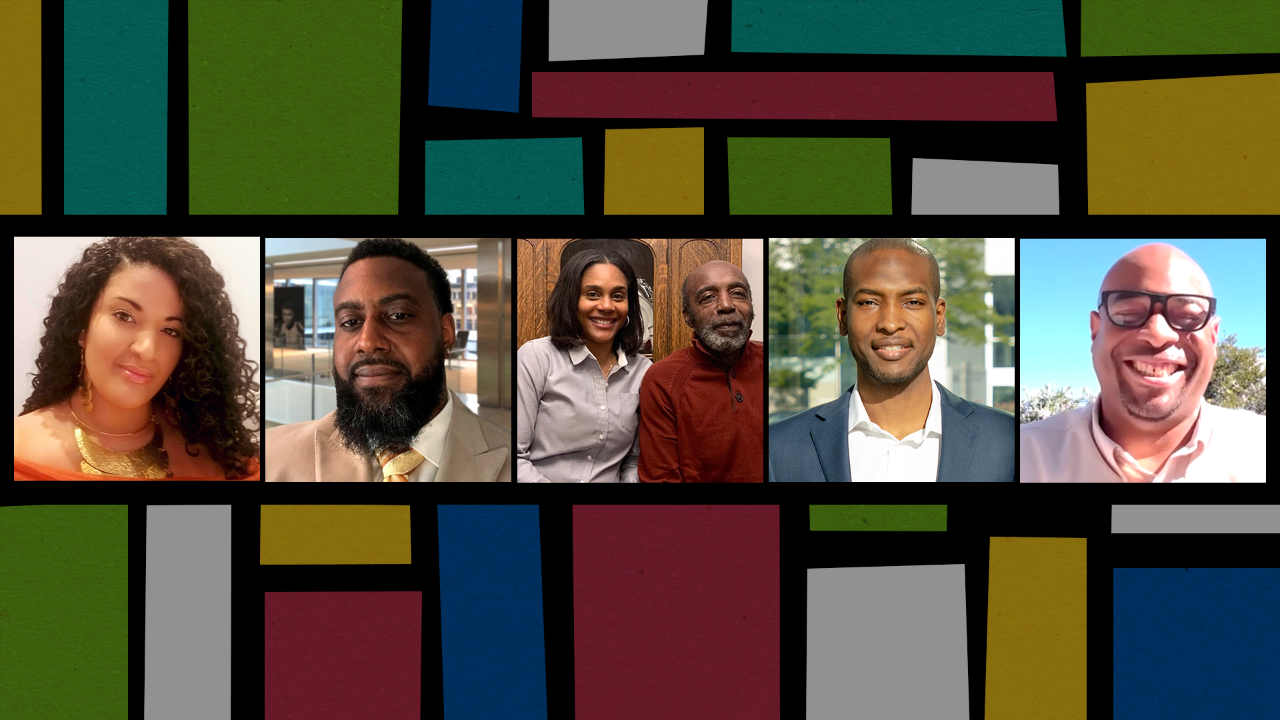 Image of 6 people flanked by multicolored geometric shapes on the top and bottom