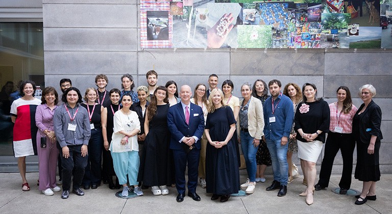Cherry Marshall and Paul C. Genest with the 14 new members of the Art Volte collection, as well as Annie Gérin, Dean of the Faculty of Fine Arts.