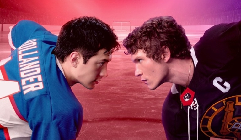 Two hockey players face off.