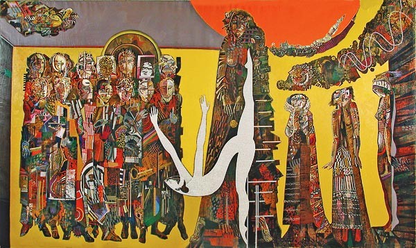 A group of 24 people, comprised of multi-coloured patterns but without shadows and shading so they appear two-dimensional On the left side is a block of fourteen men, a group of three women on the right; in the centre, we find a white female dancer superimposed over a towering woman.