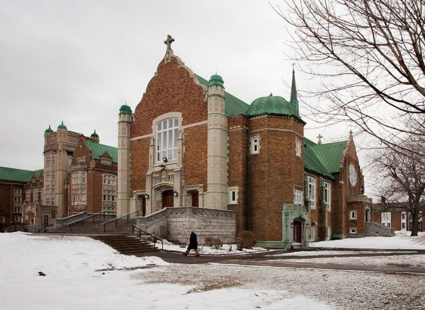 FC building, aka Loyola Chapel, exterior view in winter